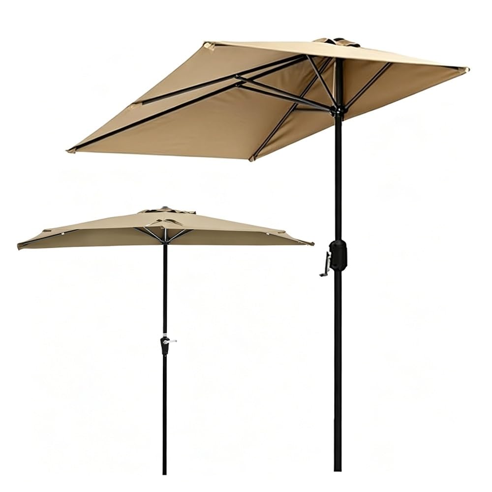HOUKOIKBUG 6.5ft 8ft Half Umbrella Outdoor Balcony Wall Umbrella 5 Ribs Rectangular Market Half Umbrellas With Crank Sunshade Parasol For Patio Garden Deck(Khaki,250x130cm/8x4ft)