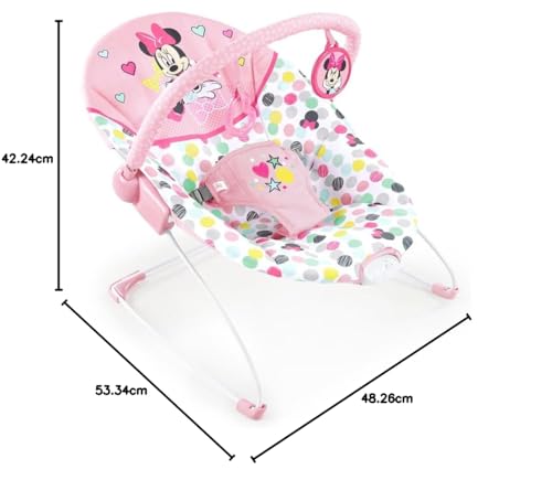 Bright Starts, Disney Baby, Minnie Mouse Spotty Dotty, Babywippe Babyschaukel mit Vibrationen, maschinenwaschbarem Sitzpolster, rutschfesten Füßen, 2 Hängespielzeugen, 0-6 monate