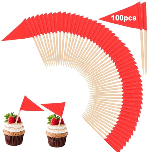 YBEATY 100 PCS Solid Red Toothpick Flags Small Mini Solid Red Labeling Marking DIY Triangle Plain Stick Flags Food Label Cupcake Toppers Pick Blank Flag for Appetizers Party Buffet Food Fruit