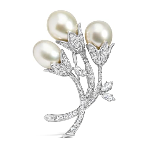 18K White Gold 2 1/5 Cttw Diamond and South Sea Pearl Floral Brooch Pin (G-H Color, VS1-VS2 Clarity)