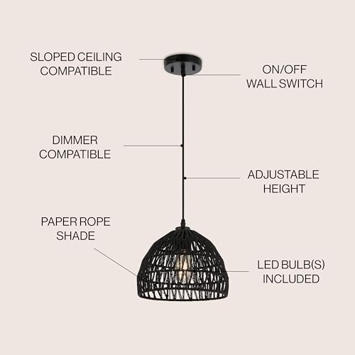 Image of JONATHAN Y 10.25 inch Black Modern Bohemian Woven Rope LED Pendant Light Fixture, Adjustable Dome Ceiling Lamp for Kitchen Island, Rope Shade, Coastal Farmhouse Decor (JYL6513B)