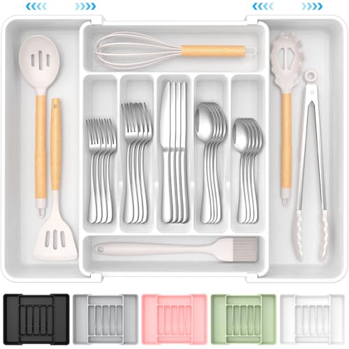 Extra Large Expandable Silverware Organizer, BPA-Free Food-Safe Cutlery Flatware Organizer, Kitchen Utensil Drawer Organizer, Adjustable Silverware Holder for Spoons Forks Knives, White