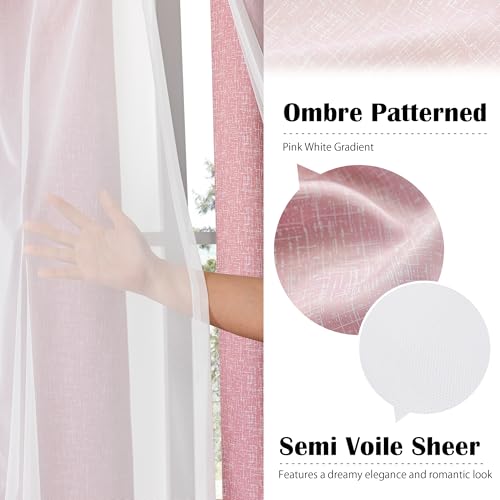 Geomoroccan 100% Blackout Curtains with Sheer Overlay Mix and Match Double Layer Drapes 84 Inch Long 2 Panels for Bedroom Living Room Pink White Ombre Grommet Window Treatment with Tiebacks - Image 3