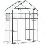 Outsunny Outdoor Walk-in Mini Greenhouse with Mesh Door & Windows, Small Portable Garden Green House with 3 Tiers 6 Shelves, Trellis, & Plant Labels
