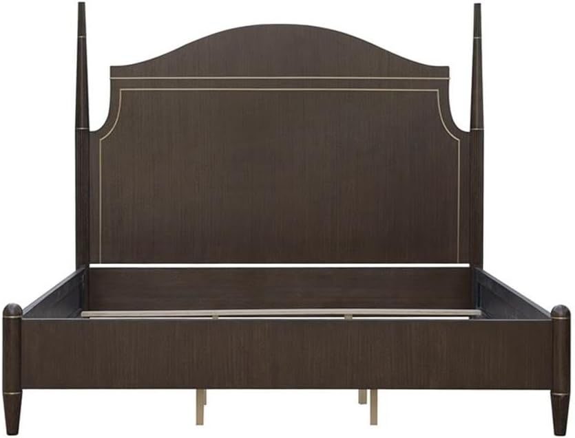 BOWERY HILL King Poster Bed, Piano Brown Eucalyptus Wood Veneer with Metal Trim, 81 x 89 x 90 in, Serpentine Headboard, Round Posts, Classic Neo-Classic Style Bedroom Furniture