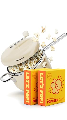 Popsmith Starter Bundle in Cream - 6 Quart Stovetop Popcorn Machine with 10 Movie Theater Buttery Popcorn Kits - Stainless Steel Popcorn Maker Compatible with All Stovetops