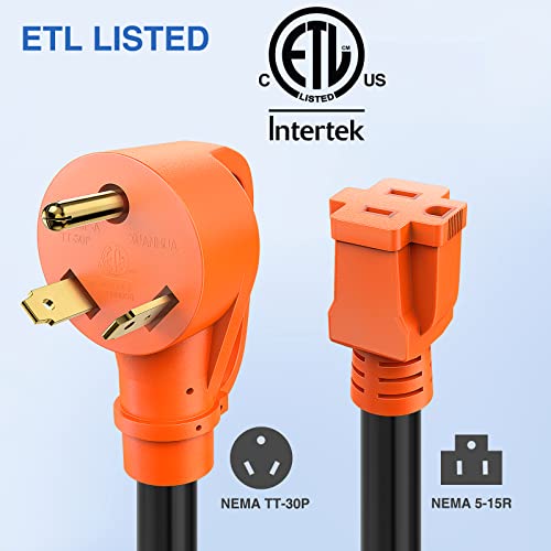 Image of Nilight RV Power Adapter Cord 30 Amp to 15 Amp Pure Copper Heavy Duty 10 Gauge Wire ETL Listed TT-30P to 5-15R 30M /15F Weatherproof Cord for RV Camper Caravan Van Trailer