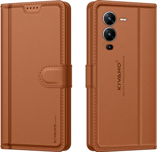 Image of KIVANO LUXE Compatible for Vivo V25 Pro Luxury Handmade Leather Magnetic Flip Folio Case | Card Holder & Kickstand | Slim Protective Cover | Unisex - Brown
