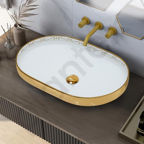 Image of Plantex Ceramic Wash Basin /Designer Hand Wash Sink for Bathroom /Oval Tabletop Washbasin /Countertop Vessel Sink for Home /Office (24x16x5 inch - Gold & White)