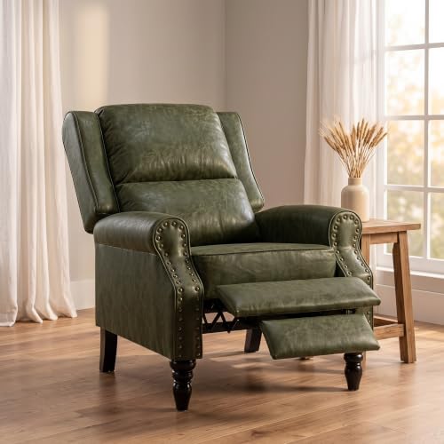 Image of Leather Recliner Chair with Adjustable Backrest & Footrest, Green | Adjustable Backrest & Footrest, Medieval Style Overstuffed Arms, Quality Faux Leather