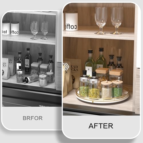 Image of 13 inch Wooden Lazy Susan Turntable for Cabinet - Round Rotating Spice Rack Organizer, White Kitchen Countertop Tray for Dining Table & Pantry Storage (White & Gold)