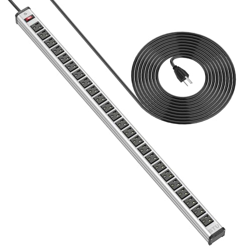 BTU Long Heavy Duty Power Strip 24 Outlet Large Metal Power Strips Garage Workshop Commercial Industrial Power Strips with Circuit Breaker.10FT Cord 15A 125V 1875W (Silver)