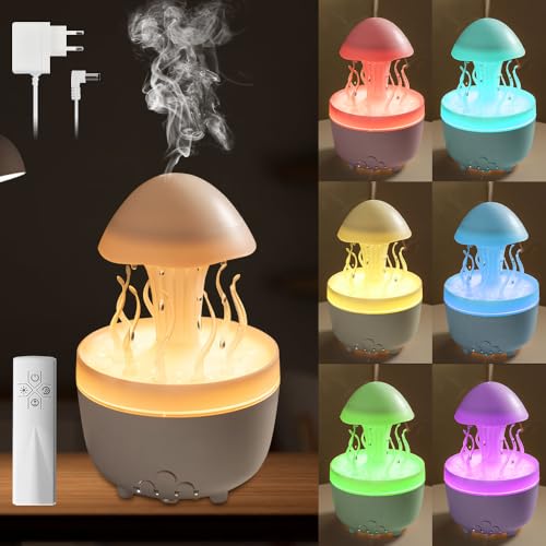 Diffusore di Oli Essenziali, Umidificatore Ambiente con Telecomando e 7 Color Luce, Diffusore Oli Essenziali 300ml con Paesaggio Gocce Pioggia, Diffusor Aromi Umidificatore con Tempistica 2/4 /8 Ore