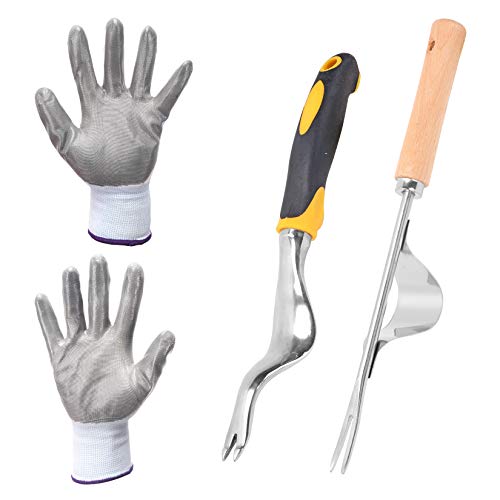 Cymax 2 Pcs Hand Weeder Tool with 1 Pairs Protective Gloves Kit, Gardening Weeding Tool Kit with Ergonomic Handle, Manual Weed Puller Dandelion Remover for Garden Lawn Farmland Transplant