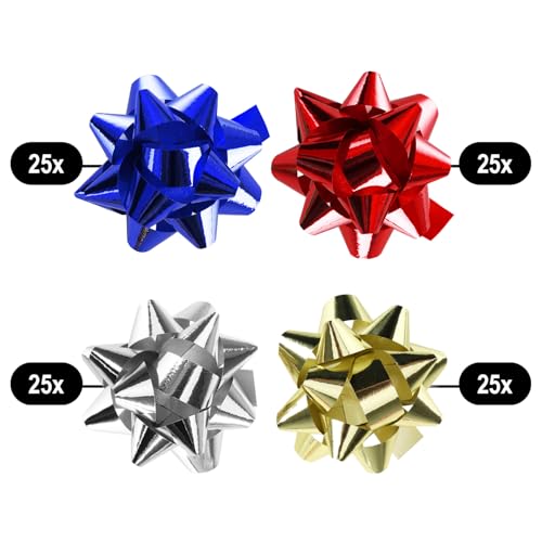 COM-FOUR® 100x Geschenkschleife in tollen Farben - selbstklebende Fertigschleife zur Dekoration von Geschenken zu Weihnachten und Hochzeiten (100 Stück - Glanz - 4 Farben)
