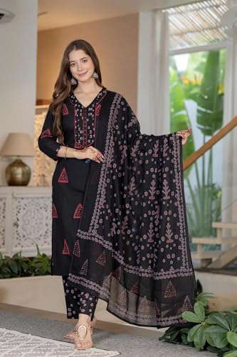 Image of PARTHVI Women's Pure Cotton Printed Straight Kurta Set with Palazzo Pants & Dupatta- Ethnic Wear, Black