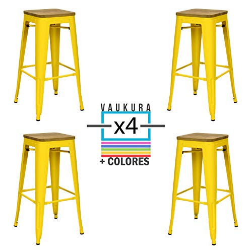 Vaukura Taburete Alto Tolix (Pack 4) - Taburete Industrial Metálico Asiento Madera (Amarillo)