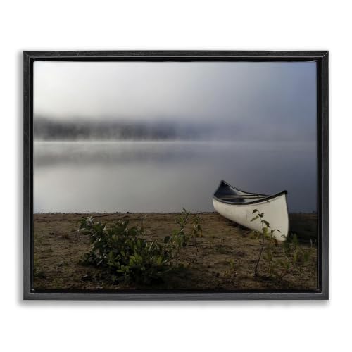 'Lone Canoe Tranquil Foggy Lake Beach Weather'| Floating Frame Canvas Art