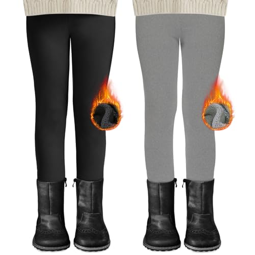 DDOBB Pack de 2 Leggings Thermiques Fille - Leggings d'hiver doublés avec doublure en polaire - Leggings haute taille thermiques épais et chauds pour enfants - Pantalon long pour tous les jours, Noir