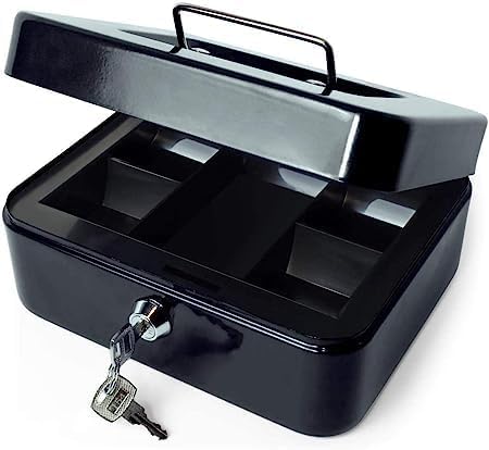 Cash Money Safe Box - Compact Solid Steel Lockable Security Storage Chest for Loose Money, Coins, Change & Valuables with 2 Keys - Removable Tray with 5 Coin Sections, 1 Bill Section-image-13