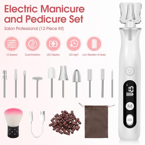 Maniküre/Pedikure Set elektrisch, Nagelfelile, Nagelfraser und Hornhautentfemer mit 10 Aufsatze zur Nagelpflege, mit 10 Geschwindigkeiten, LED Licht, Aufbewahrungstasche