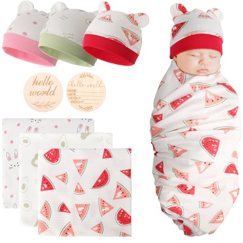 DRESHOW BQUBO Cotton Baby Swaddle Hat Set Newborn Infant Receiving Blankets with Bear Ears Hat Wooden Birth Announcement Card Newborn Unisex Swaddle Wrap Sets Warm Shower Gift