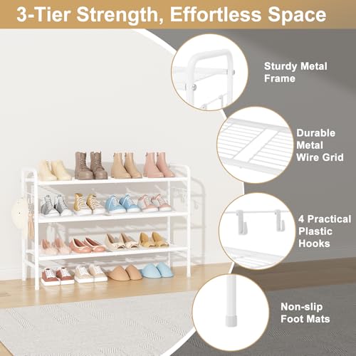 Image of VILICK 3 Tier Shoe Rack 33 inch Wide Metal Shoe Organizer Long Shoe Storage with 4 Side Hooks Sturdy Shoes Shelf for Front Door Entrance, Closet, Garage, Dorm, White