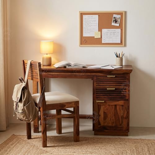 Image of NSH Solid Sheesham Wood Study Table with Chair | Wooden Writing Desk with Drawer & Door Storage | Pre-Assembled Computer Desk Workstation for Home Office & Study Room | Honey Finish