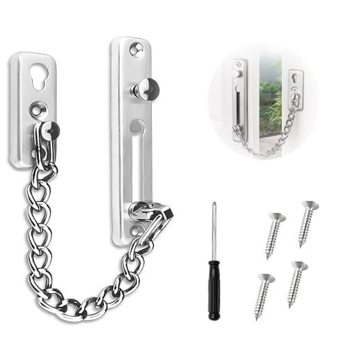 Door Chain Lock for Front Door – Heavy-Duty Security Chain with Screwdriver and 4 Screws for Home & Office – Silver Metal Construction for Enhanced Safety Security for Home, Hotel