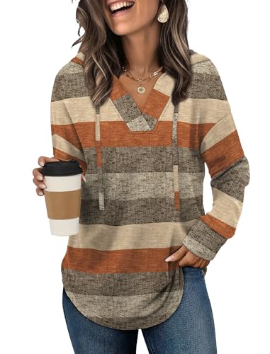 Sampeel Sweaters for Women Winter Clothing Thanksgiving Shirts Fashion Outfit V Neck Lightweight Hoodies Casual Trendy Sweatshirts Coffee Striped S