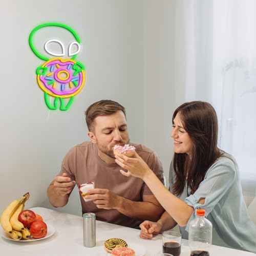 Image of Alien Donuts Neon Sign Green Alien Neon Light for Wall Decor Donuts Led Lights Up Sign for Bedroom Dessert Shop Bakery Party Decoration Gift Fast Food Shop Cool Light Sign 16.5 * 11.4 IN