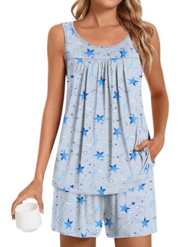 Image of POPYOUNG Pajama Set for Women Summer 2 Piece Lounge Shorts Sets Sleepwear | Womens Pajama Sets Cooling pijamas de mujer for Summer with Pockets Sleeveless Nightwear Outfits Pjs Shorts Set