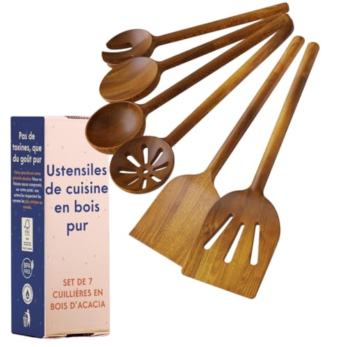 Lot de 6 ustensiles de cuisine en bois monobloc – Sans colle et cuillères en bois monobloc pour la cuisine, finition végétale, non toxiques et naturels