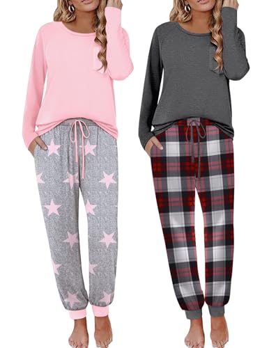Image of Ekouaer 2 Pack Womens Pajama Sets Long Sleeve Pjs Soft Comfy Lounge Set