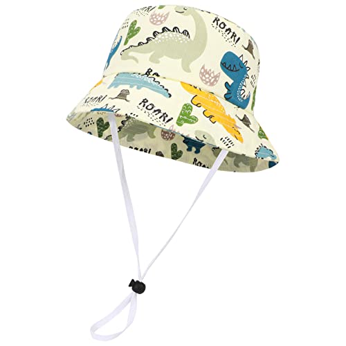 Jupsk Sombrero de Cubo para Niños, Sombrero de Verano para el Sol, Sombrero de Playa con Protección Solar, Sombrero de Aventura con Correa Ajustable, Patrón de Dinosaurio para 1 a 4 Años,Amarillo