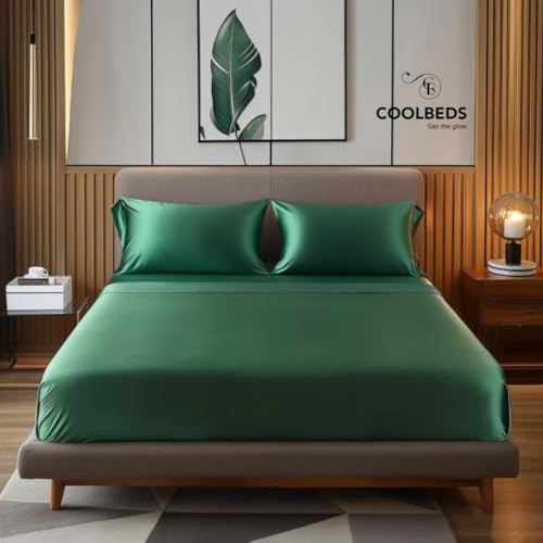 Image of COOLBEDS Satin Double Bedsheet - Elastic Fitted - 2 Pillow Covers - 400 Thread Count - 203 x 152 cms (Green)