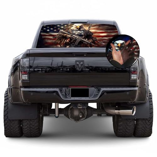 GRAPHIX EXPRESS Truck Back Window Graphics - Bald Eagle American Flag Decal (P546) - USA Flag with Eagle - Universal See Through Rear Window Vinyl Wrap - Full Window Decals for Trucks