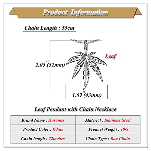 Xusamss Punk Rock Stainless Steel Leaf Pendant Charm Necklace,22inches Box Chain2