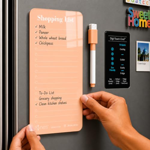 Image of 3 Lines Acrylic Magnetic Shopping List Notepad for Fridge │ to-Do List & Meal Planner │ Dry Erase Marker Included │ Kitchen Organisation │ 9 x 24 cm | Peach Color | Regular