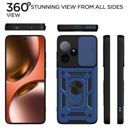 Image of Pikkme Back Cover for Realme GT 7 5G / GT 7T 5G | 360 Protection Case | Sliding Camera Shield Cover & Ring Holder Stand D10 Tough Armor Bumper Case (Blue)