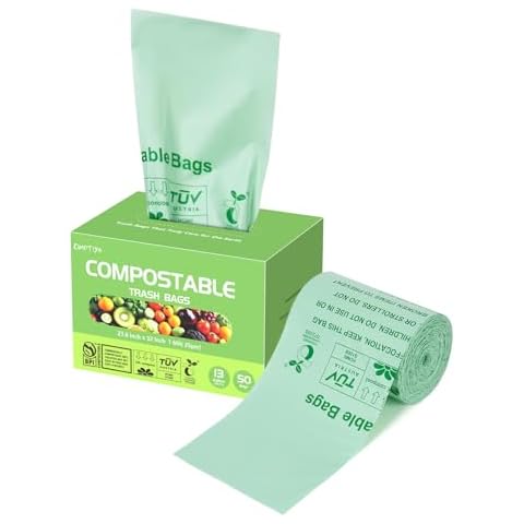 Compostable Trash Bags 13 Gallon, Large Compost Bags, 23.8" x 32", Kitchen Compostable Bags, Green 1 Mil Thick Compost Bin Liners for Food Scraps and Organic Waste, 50-Count Cover