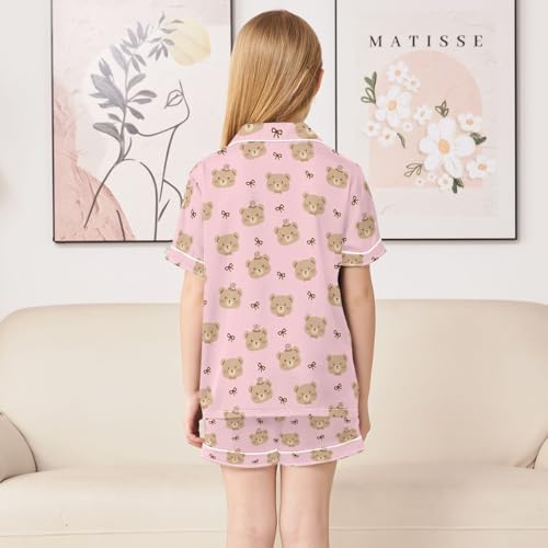Cute Brown Bears Pink Print Summer Satin Pajama Set, Cute Button-Down Sleepwear Pj Set for Sleep Wears4