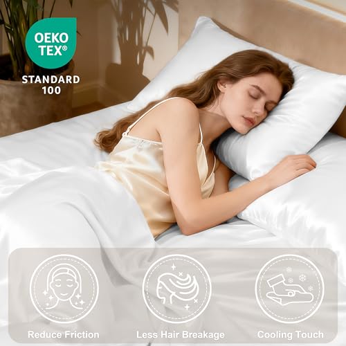 Image of Love's cabin Satin King Sheet Sets - 4 Piece White Silky Sheets King Size Bed Set with Deep Pocket, Luxury Silk Feel King Size Satin Sheet Set (1 Flat Sheet,1 Fitted Sheet,2 Pillow Cases)