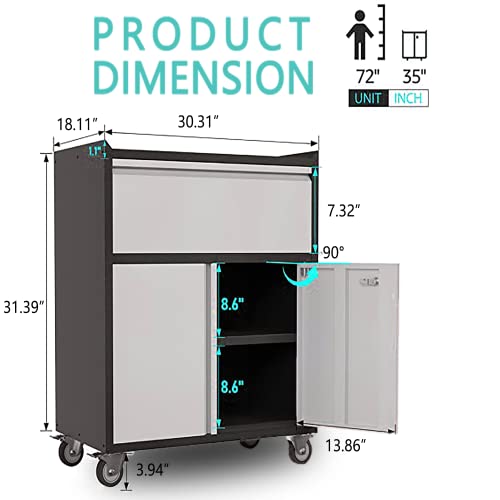 Metal Storage Cabinet With Wheels, Mobile Metal Garage Cabinet With 1 Drawer And 2 Locking Doors, Small Rolling Tool Storage Cabinet, Assembly Required, Black/Gray #TOP2
