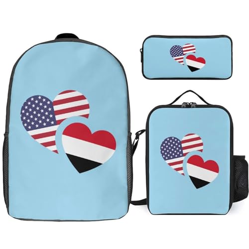 Yemen U.S. Flag Classic Backpack Lunch Bag Pencil Case 3 Piece Set Travel Daypack