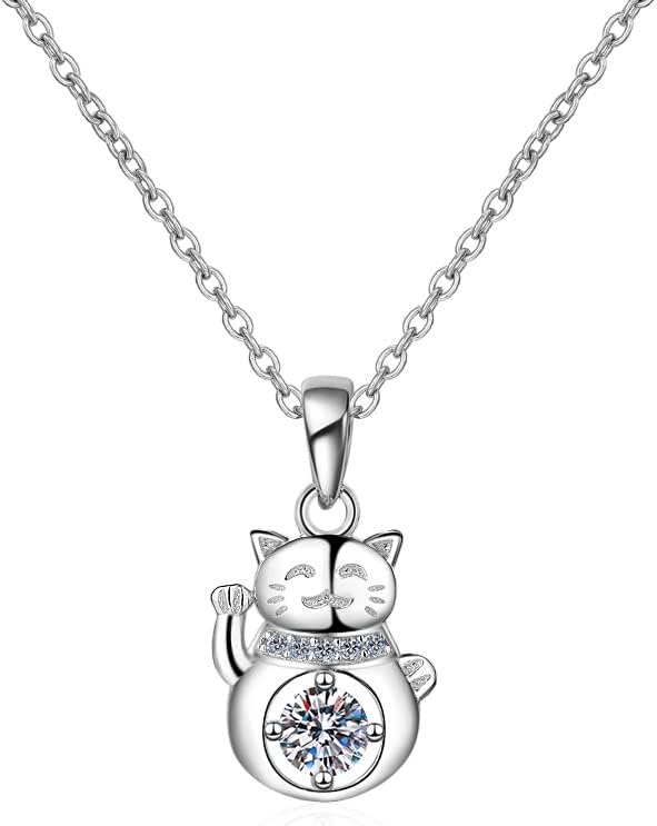 NONNYL S925 Sterling Silver Cat Necklace Gifts for Women - Silver Cat Mosang Diamond Pendant Collarbone Necklaces Christmas Gifts Jewelry for Wife Girlfriend Her