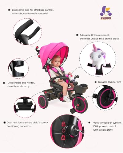 Image of KRIDDO 7-in-1 Tricycle Stroller for Toddlers 18 Months to 5 Years, Adjustable Push Handle, Rotatable Seat, Cup Holder and Retractable Canopy, Folding Baby Trike w /Detachable Guardrail, Footrest, Pink