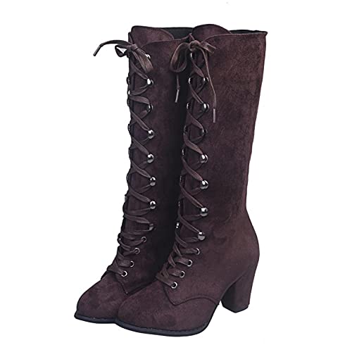 Gyouanime Heeled Riding Boots for Womens lace up mid Calf Boots for Girls Winter Shoes Fashion Moto Boots Ladies Casual Knee high Boots Brown