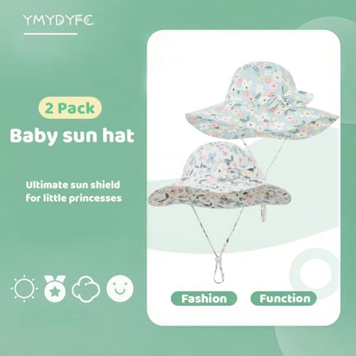 Baby Girl Sun Hat Infant Toddler Swim Wide Brim Strap Bucket Hat with UPF 50+ Adjustable Pink Yellow Stripe 2 Pack 18.9"(48cm)/6-12 Months — view 3