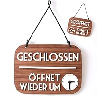 3DP Geöffnet Geschlossen Schild Bin gleich zurück mit Saugnapf, Vintage Retro - Öffnungszeiten änderbar, mit Zeitanzeige und beweglichen Zeigern (Nussbaum, Deutsch)